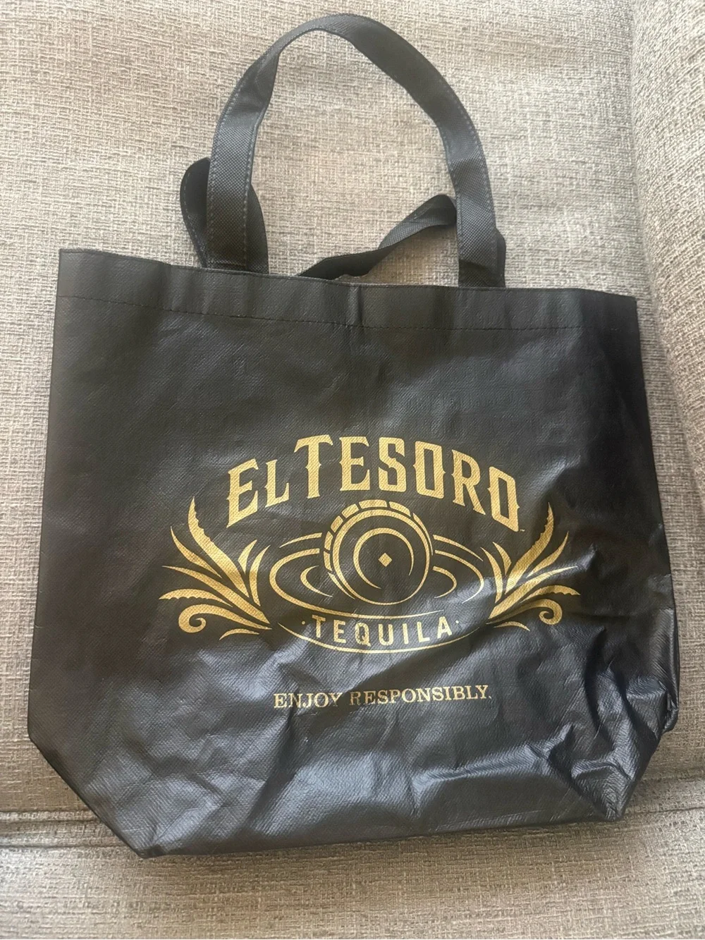 El Tesoro Tequila Reusable Tote Bag Black Gold Promotional Shopping Bag 15”